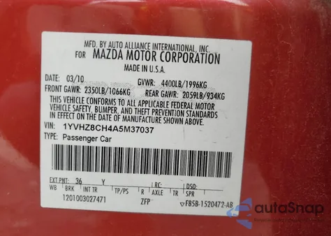 2010 Mazda 6 I из США, поврежденный, VIN 1YVHZ8CH4A5M37037